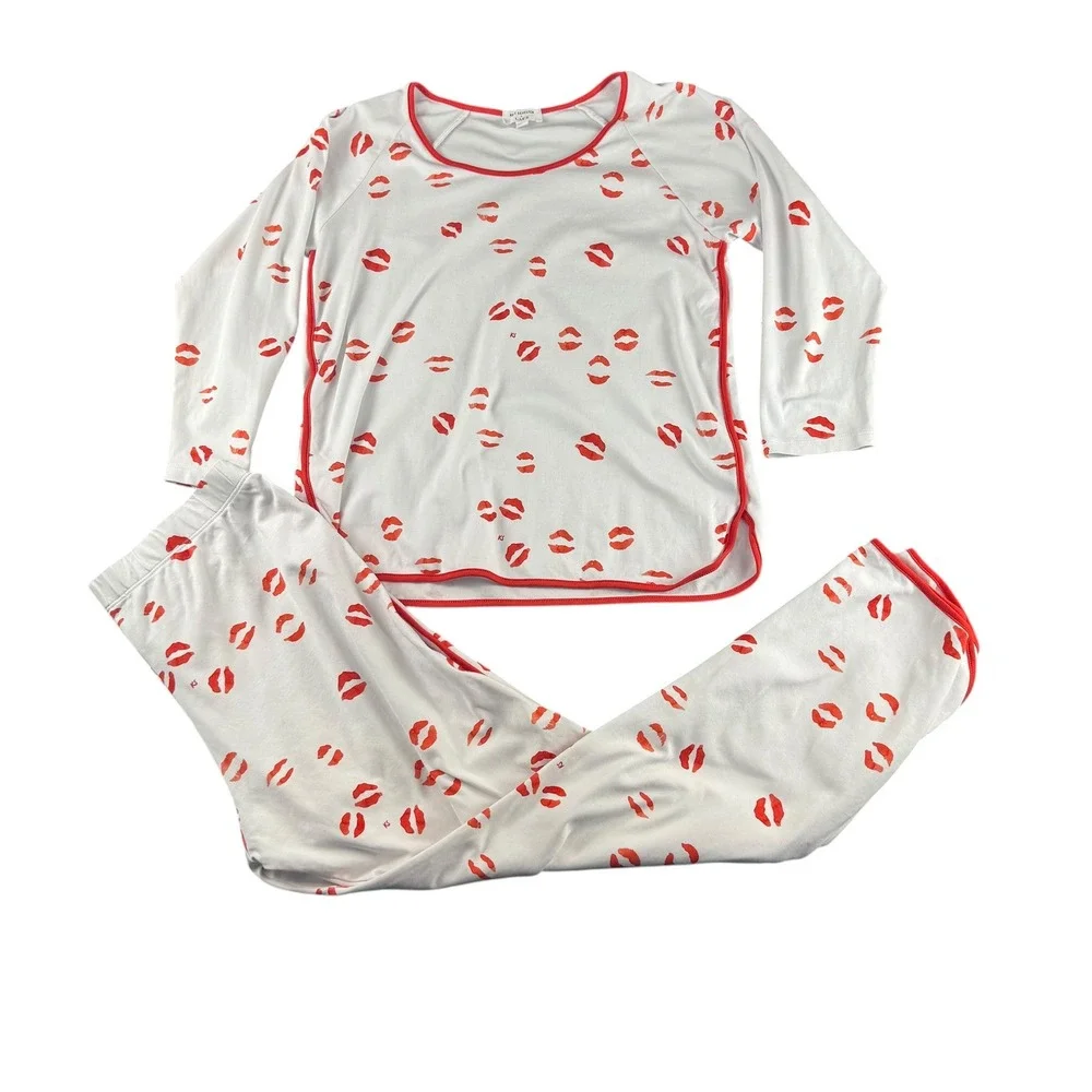 Kate Schelter x LAKE Pajamas Set White Red Lips Print Long Sleeve Pants Small